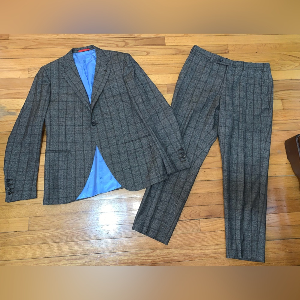 ISAIA  Suit Size 52 In Gray Wool Base X Plaid Windowpane 120s Drop 8R Gregory